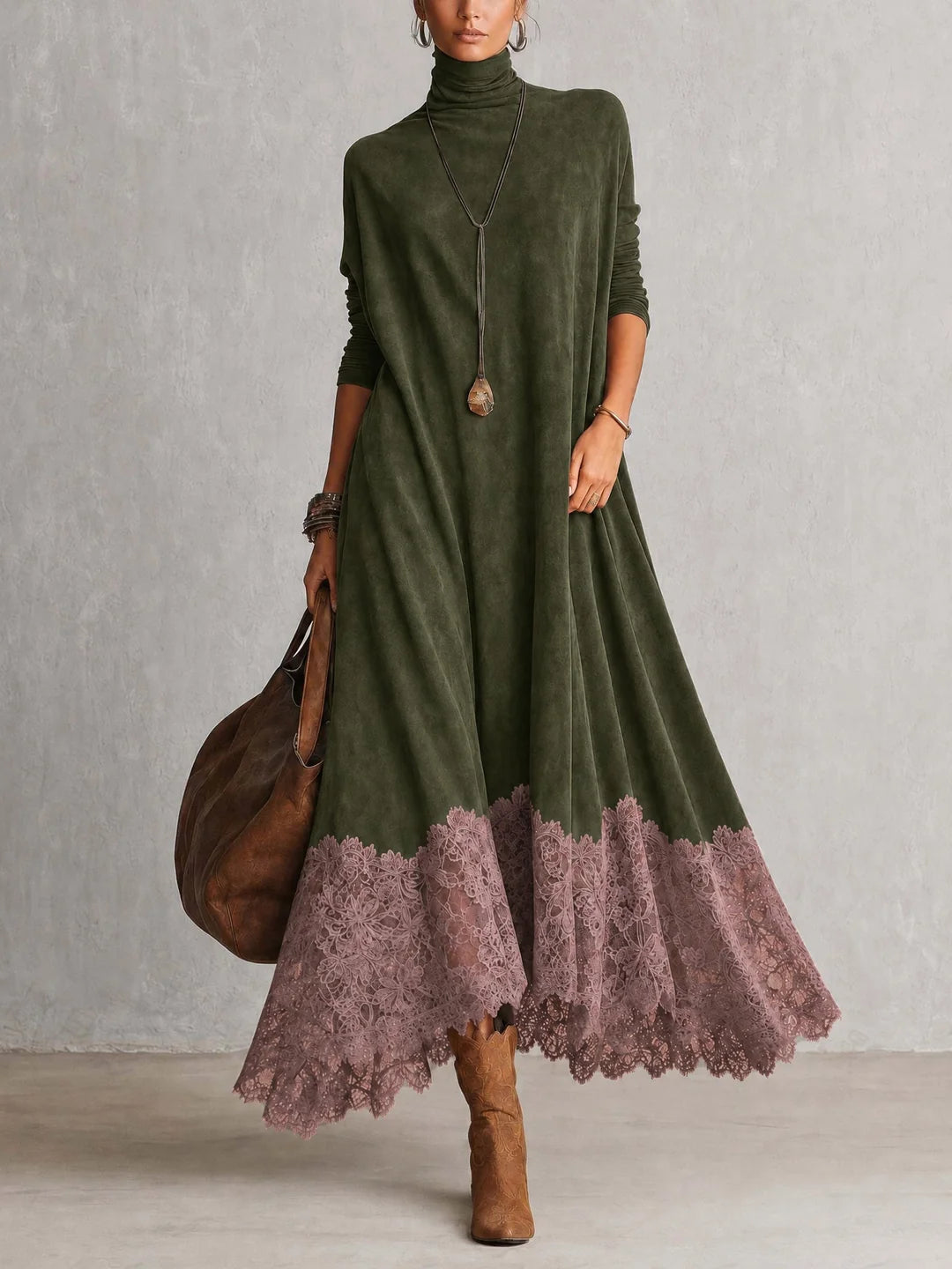 BRUNELLA | Robe Longue Effet Daim avec Bordure en Dentelle - Vert