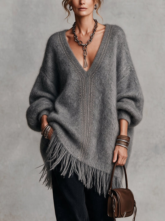 Pull col en V en mohair gris