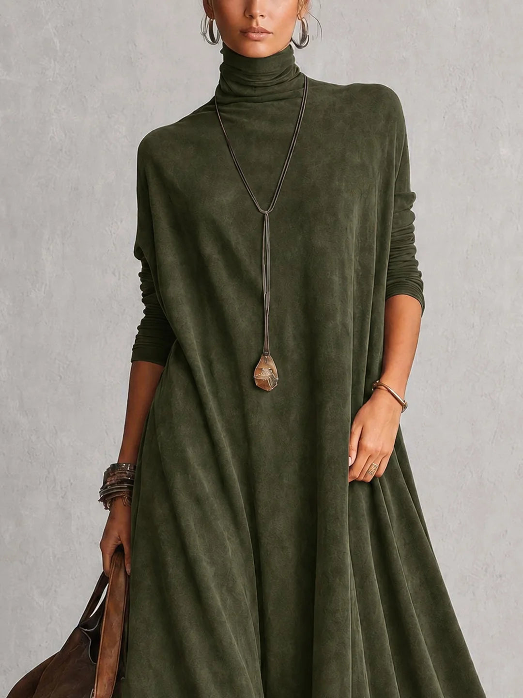 BRUNELLA | Robe Longue Effet Daim avec Bordure en Dentelle - Vert