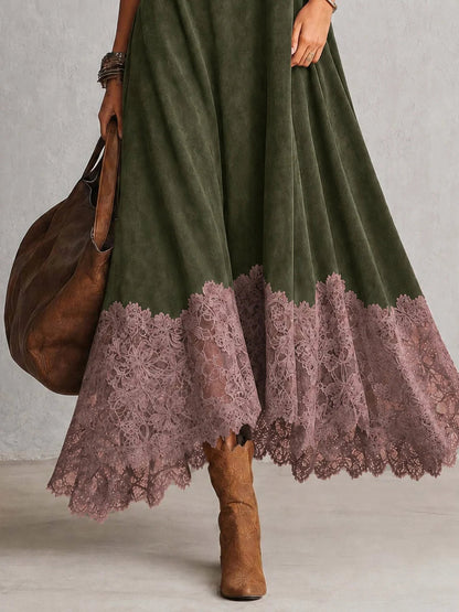 BRUNELLA | Robe Longue Effet Daim avec Bordure en Dentelle - Vert