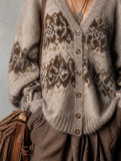 Gilet en maille duveteuse motif Fair Isle taupe