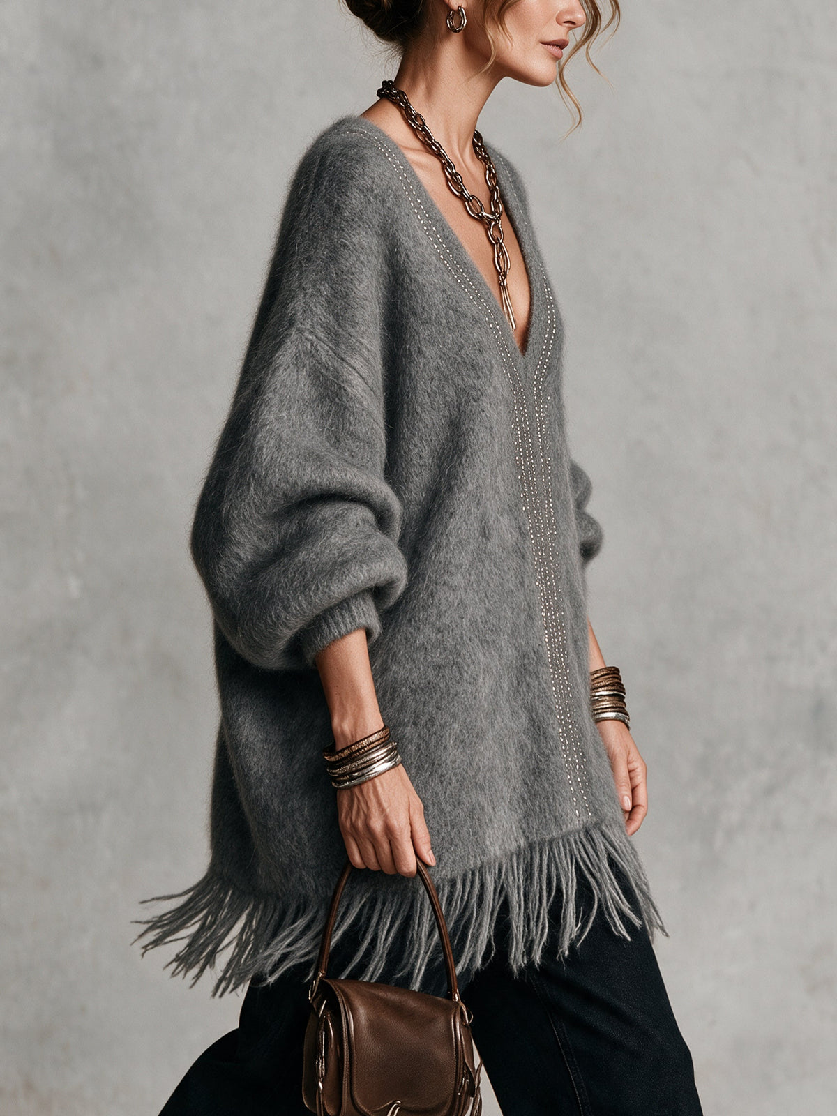 Pull col en V en mohair gris