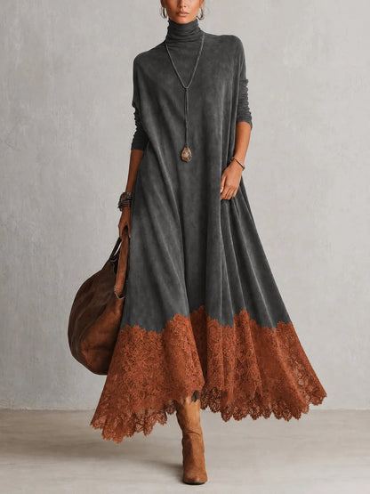 BRUNELLA | Robe Longue Effet Daim avec Bordure en Dentelle - Gris