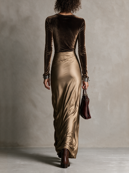 Robe longue bicolore en velours et satin