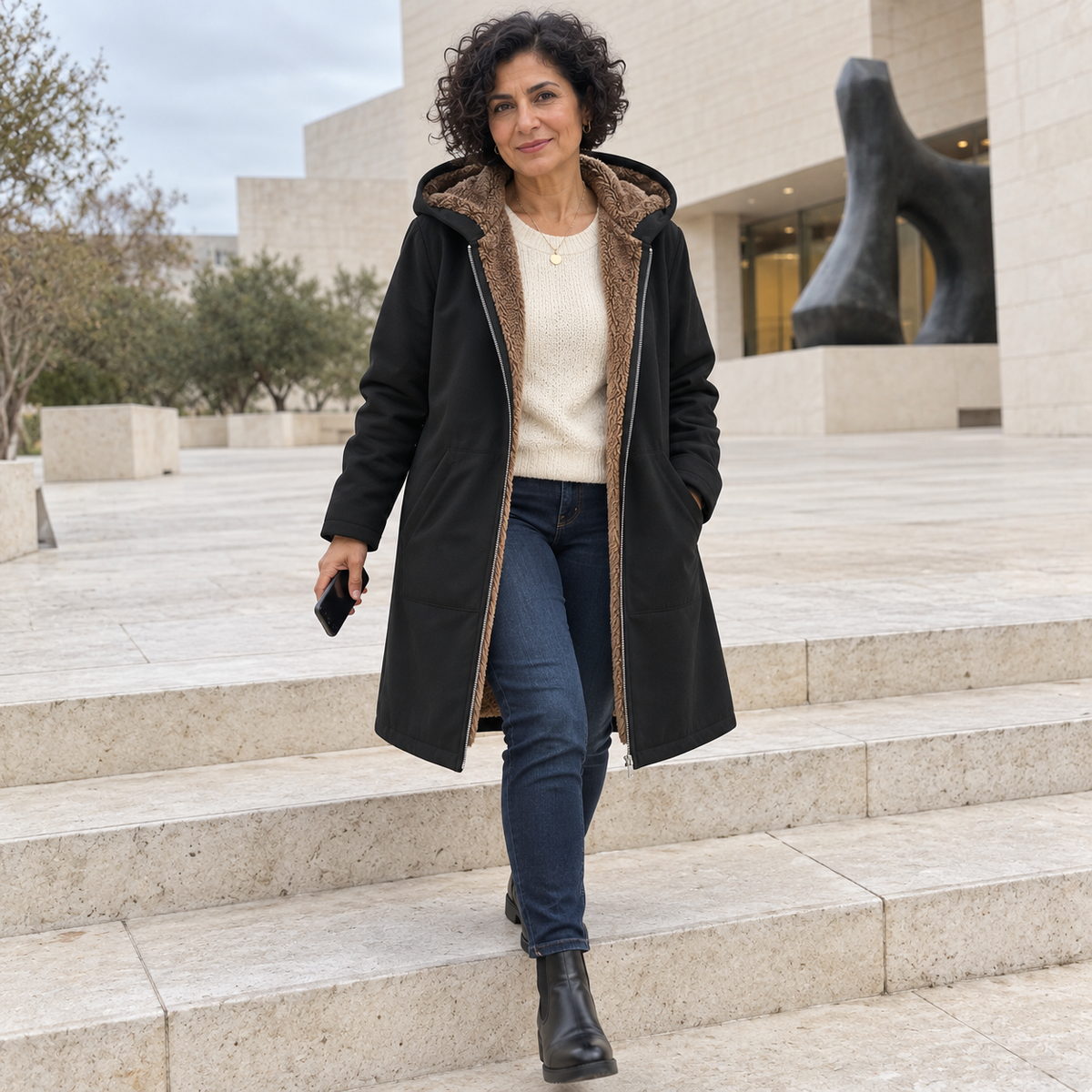 Évelyne | Manteau chaud à capuche, doublure sherpa douce