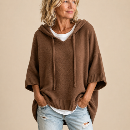 Oriana | Poncho en Maille à Capuche et Manches Trois-Quarts