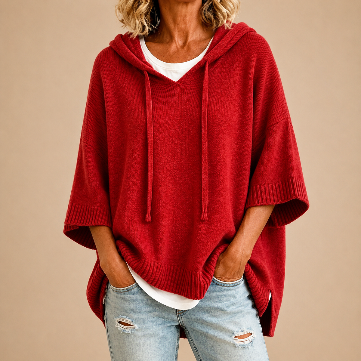 Oriana | Poncho en Maille à Capuche et Manches Trois-Quarts