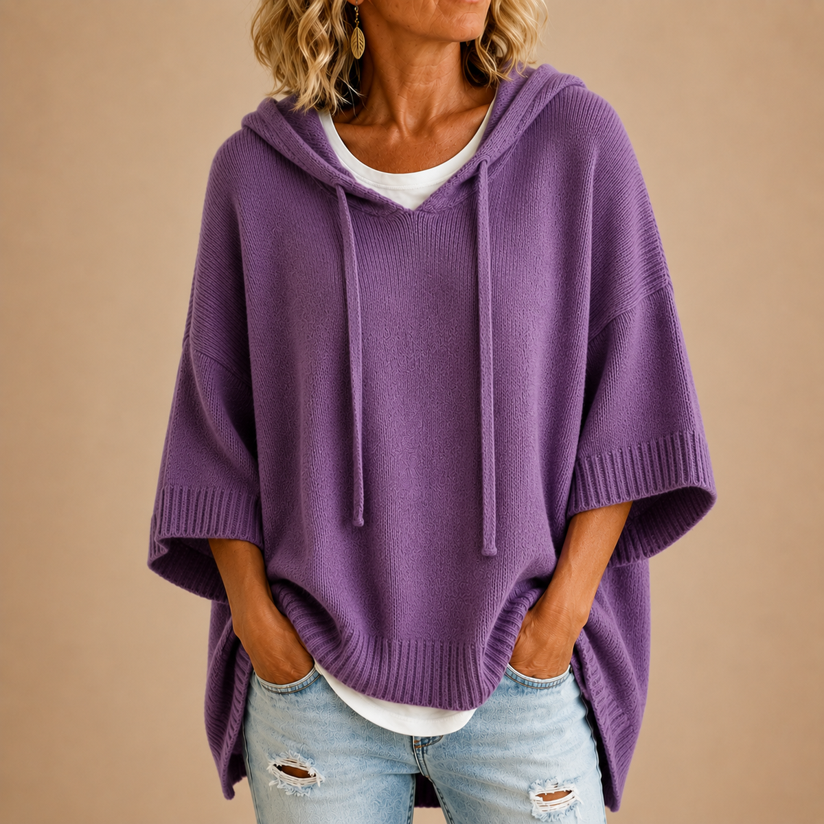 Oriana | Poncho en Maille à Capuche et Manches Trois-Quarts