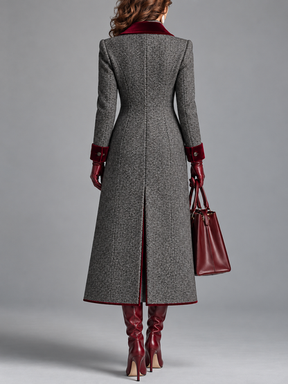 Adèle | Long manteau à chevrons avec bords en velours