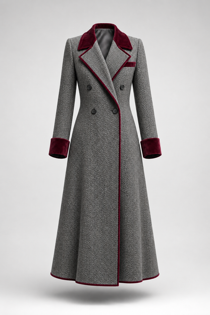 Adèle | Long manteau à chevrons avec bords en velours