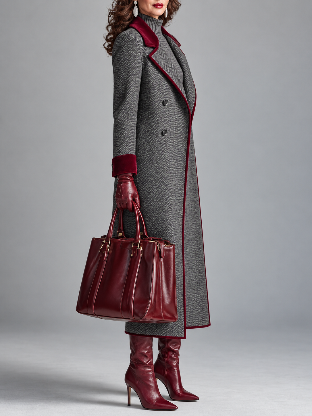 Adèle | Long manteau à chevrons avec bords en velours