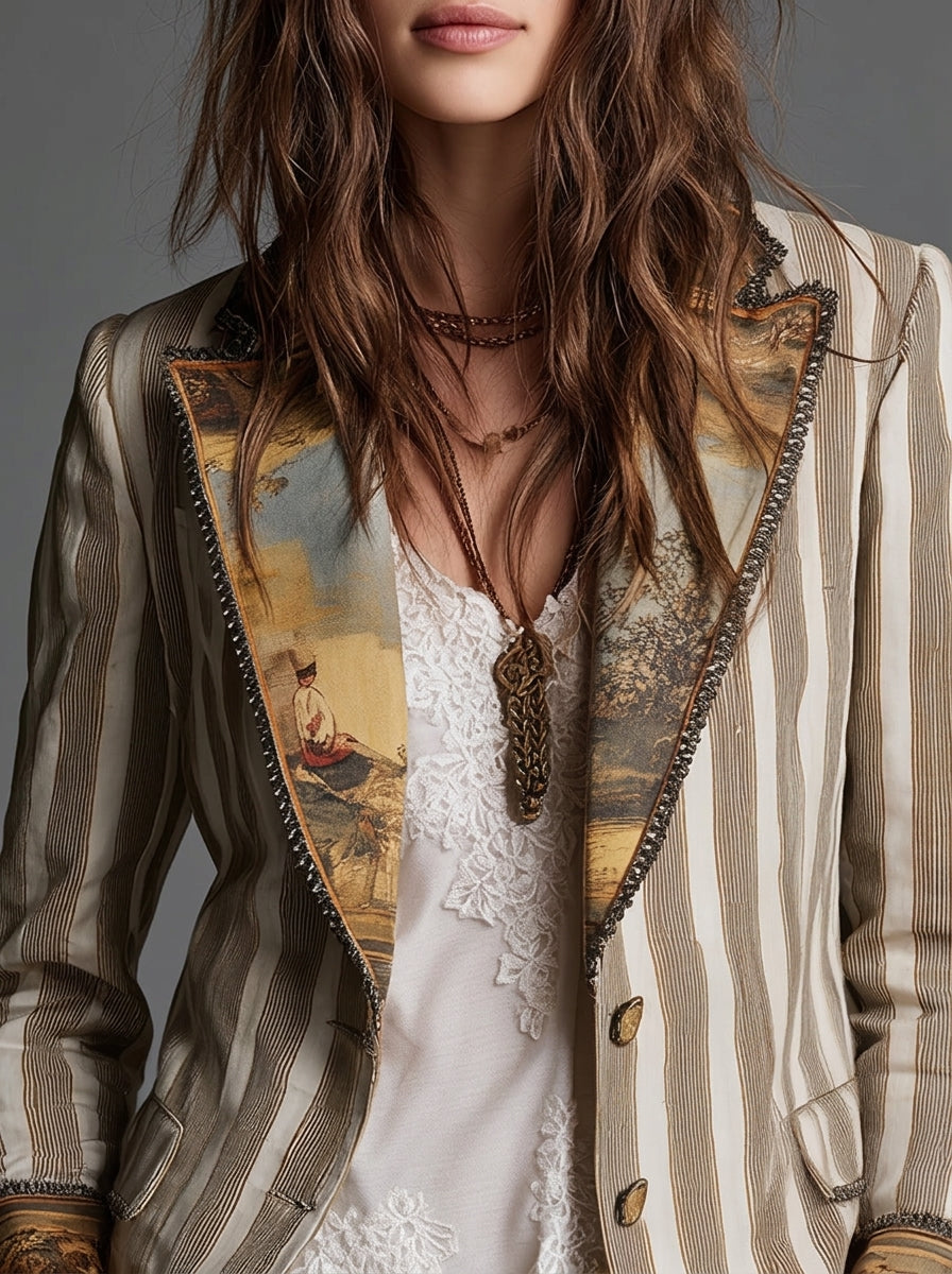 Sara - Blazer Boho à rayures avec col imprimé