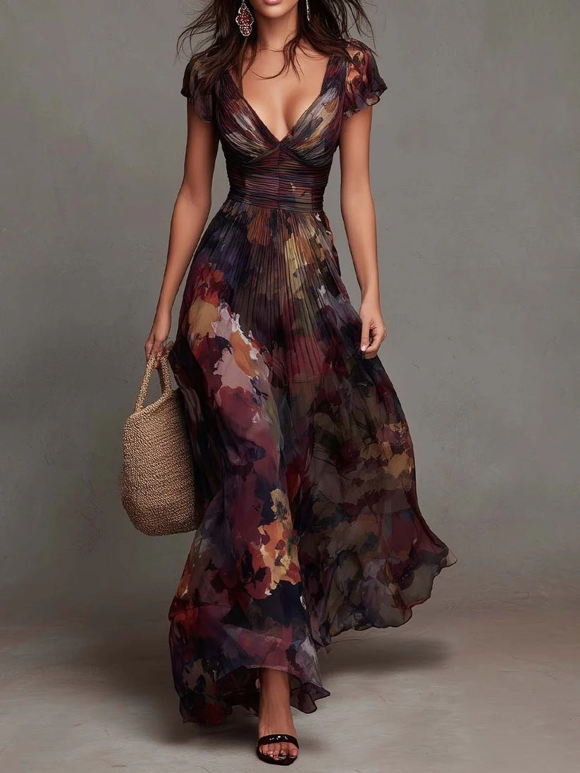 Vestido largo plisado de cuello en V con estampado floral en acuarela - vista frontal