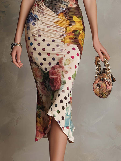 Vestido Midi Bodycon con Estampado Mixto y Ribete de Encaje - detalle