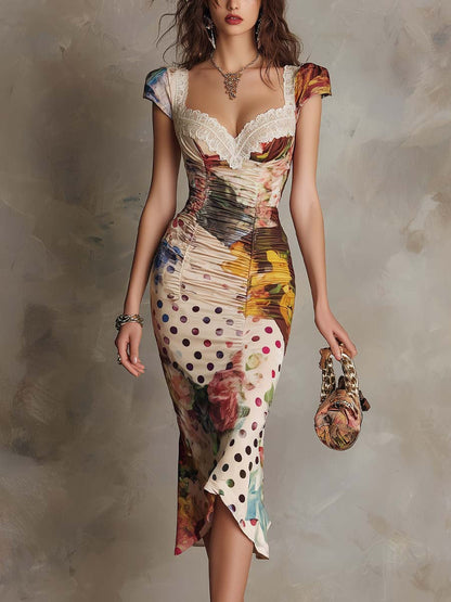 Vestido Midi Bodycon con Estampado Mixto y Ribete de Encaje