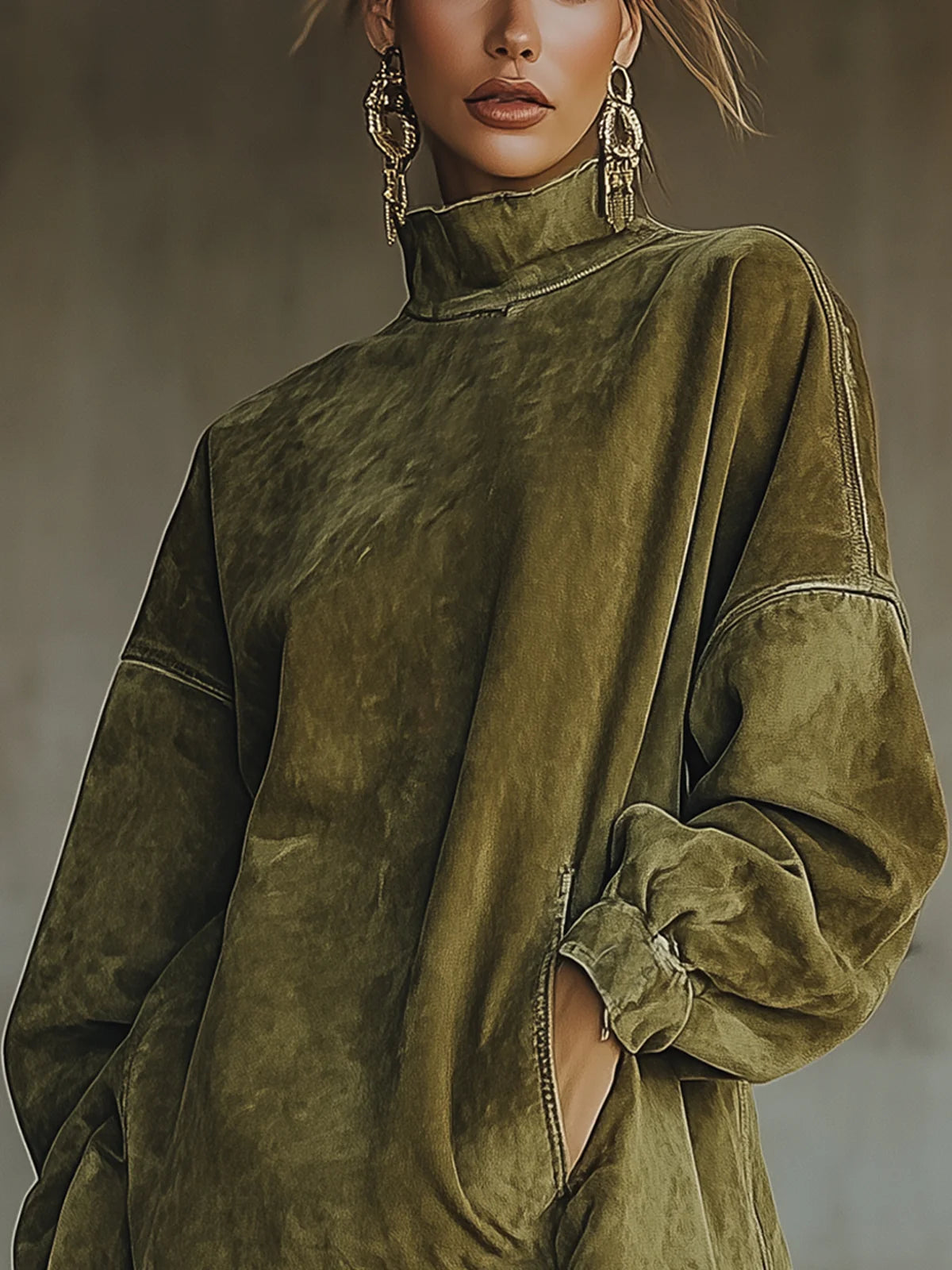 Gabrielle | Robe effet daim à col haut et franges
