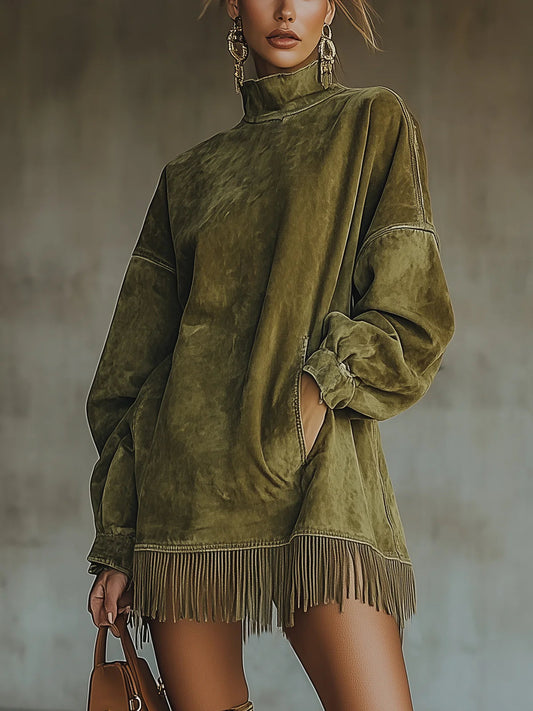Gabrielle | Robe effet daim à col haut et franges