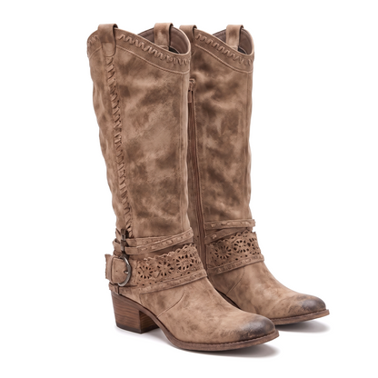Solène | Bottes western slouchy à sangle harnais perforée et talon sculpté