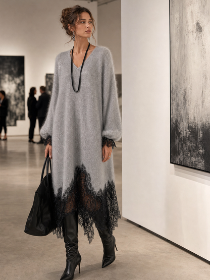 Vestido Midi de Punto Brillante Gris con Dobladillo de Encaje
