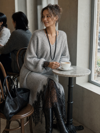 Vestido Midi de Punto Brillante Gris con Dobladillo de Encaje