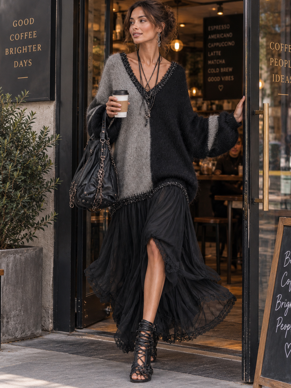 Robe maxi oversize en maille et mousseline, noir et gris