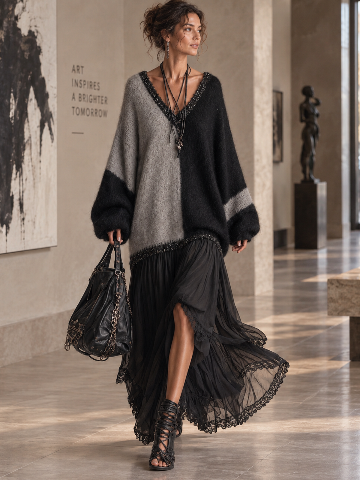 Robe maxi oversize en maille et mousseline, noir et gris