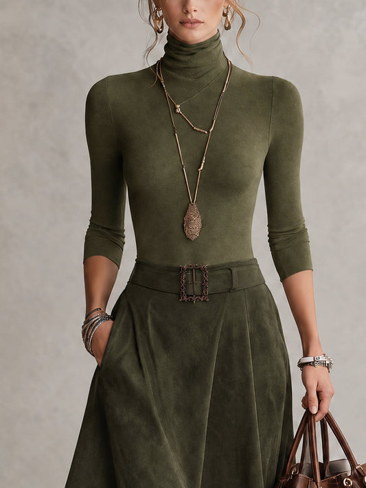 Conjunto de jersey de cuello alto elástico verde oliva y falda asimétrica de ante sintético (con cinturón)