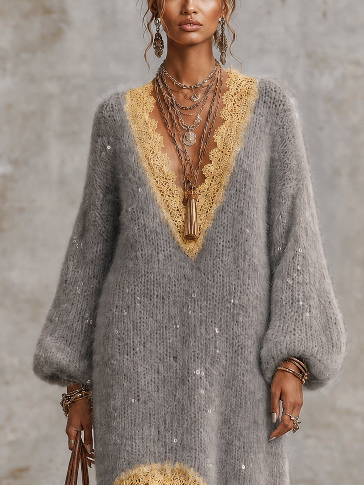 Robe midi grise à sequins et dentelle jaune