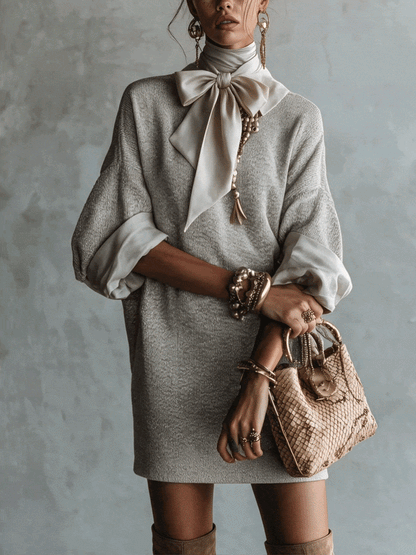 Robe courte grise à nœud en satin