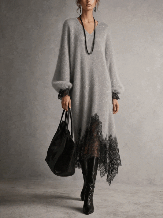 Vestido Midi de Punto Brillante Gris con Dobladillo de Encaje - animación