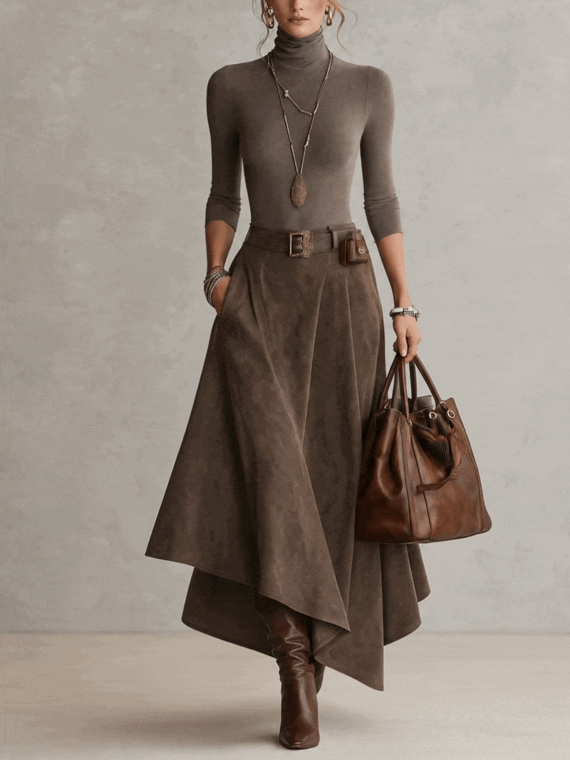 Conjunto de Top de Cuello Alto Elástico y Falda Asimétrica de Ante en Taupe - animación