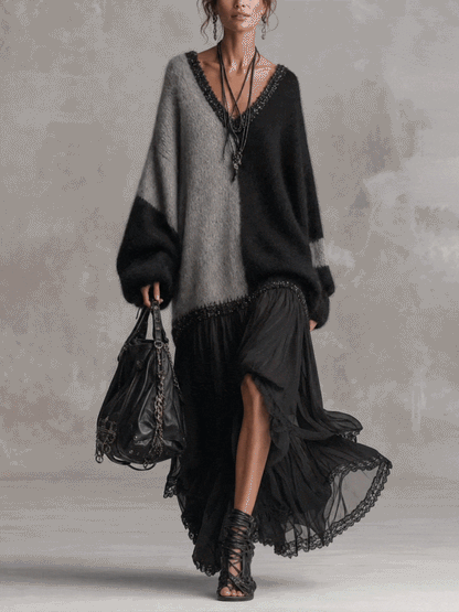 Robe maxi oversize en maille et mousseline, noir et gris