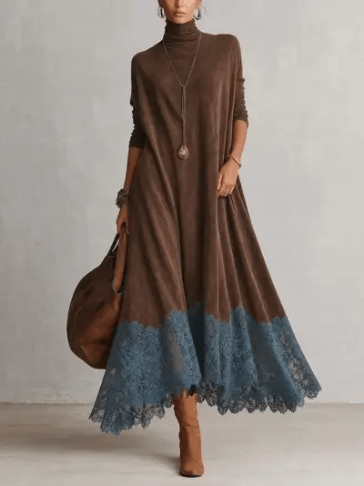 Robe longue vintage à manches longues et ourlet en dentelle
