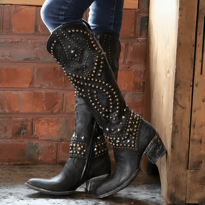 Évelyne | Bottes hautes à clous, bout pointu et talon bloc mi-haut