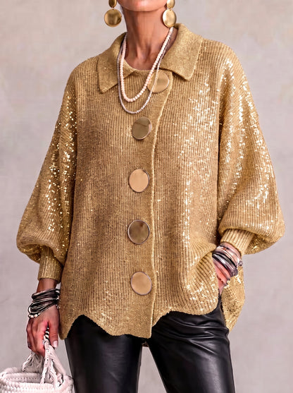 Cárdigan de punto oversize con cuello y botones metálicos grandes