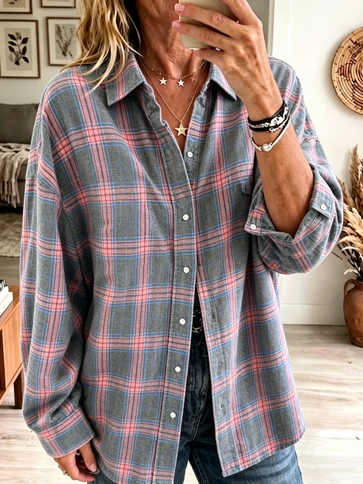 Camisa de Franela a Cuadros Oversize para Mujer