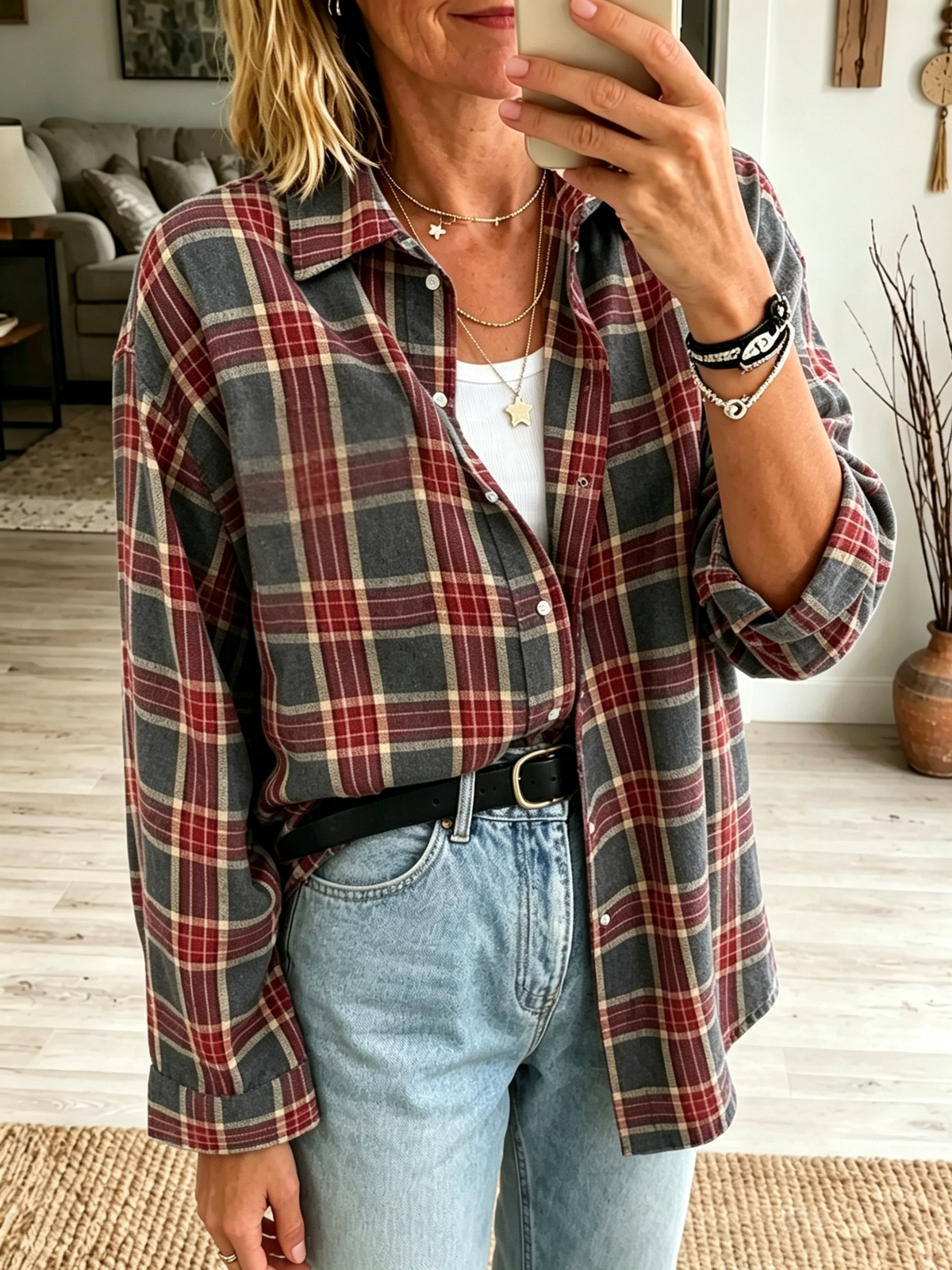 Camisa de Franela a Cuadros Oversize para Mujer