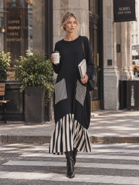 Vestido Maxi Oversize Negro con Rayas Minimalista