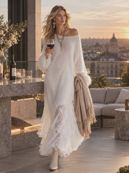 Robe longue blanche avec bas en dentelle