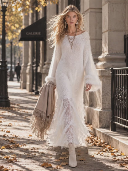 Robe longue blanche avec bas en dentelle