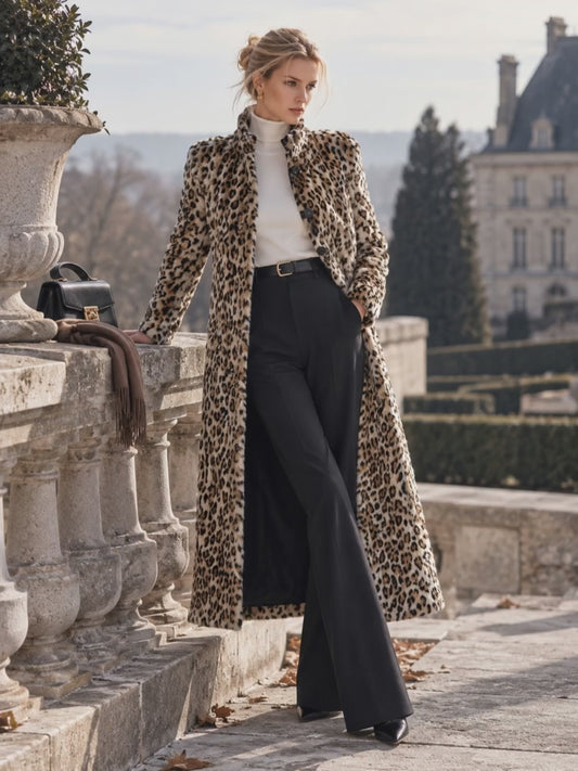 Manteau premium à imprimé léopard et col montant