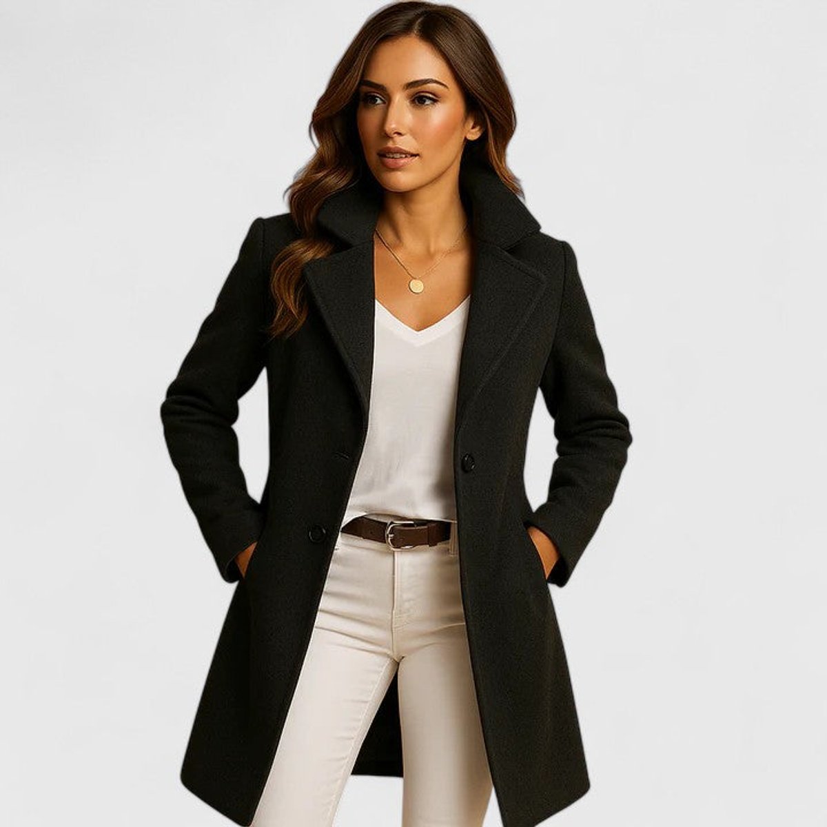 Blanche | Long manteau ajusté à col à revers