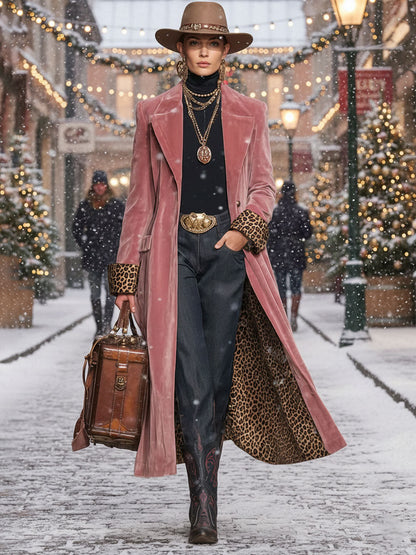 Élodie | Manteau en velours à revers, simple boutonnage et imprimé léopard